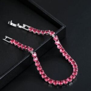 Strawberry Red Rhinestone STERLING Silver Tennis Bracelet